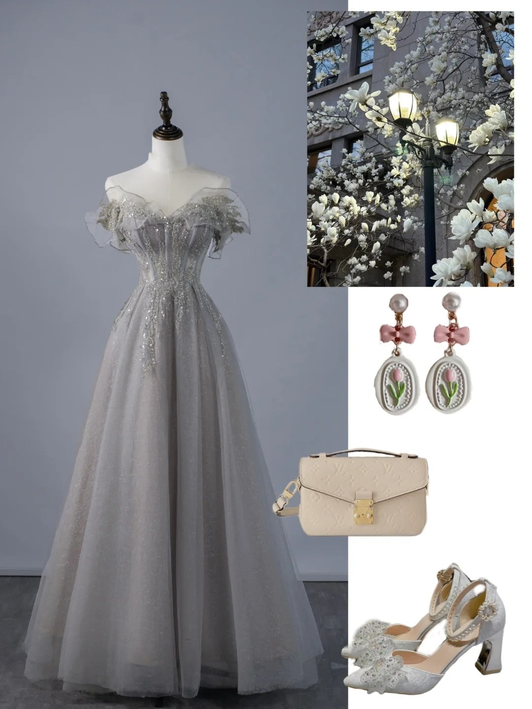 Sexy A-Linien-Abendkleid aus grauem Tüll mit schulterfreiem Ausschnitt und Ärmeln, langes Ballkleid, formelles Abendkleid N945