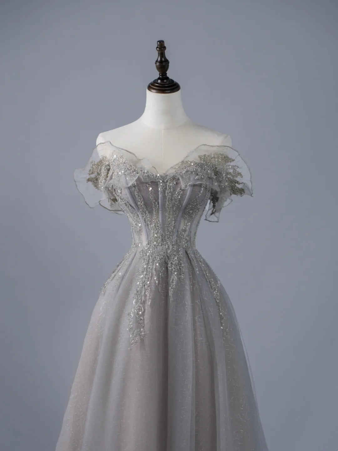 Sexy A-Linien-Abendkleid aus grauem Tüll mit schulterfreiem Ausschnitt und Ärmeln, langes Ballkleid, formelles Abendkleid N945