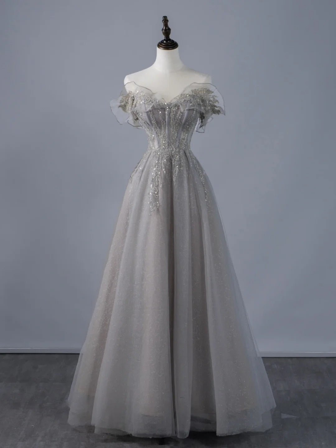 Sexy A-Linien-Abendkleid aus grauem Tüll mit schulterfreiem Ausschnitt und Ärmeln, langes Ballkleid, formelles Abendkleid N945