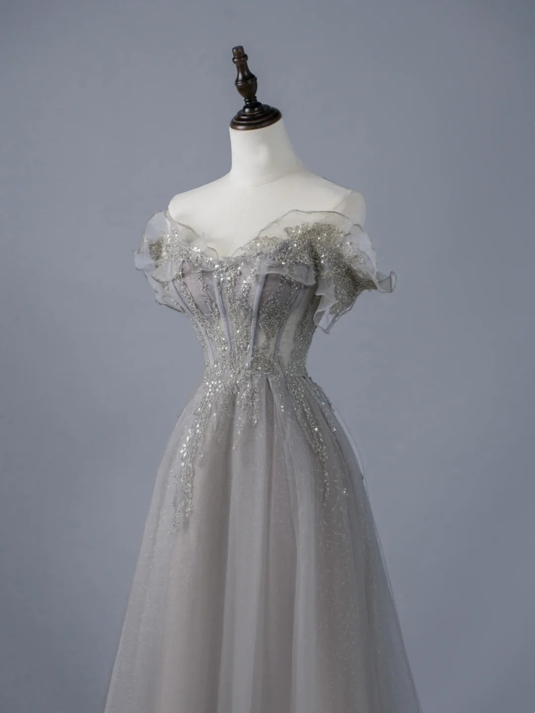 Sexy A-Linien-Abendkleid aus grauem Tüll mit schulterfreiem Ausschnitt und Ärmeln, langes Ballkleid, formelles Abendkleid N945