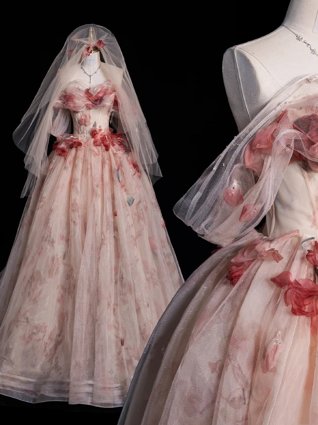 Elegantes, schulterfreies, langes Ballkleid aus rosa Tüll, ideal für Abschlussball, Party, 21. Geburtstag oder Abschlussfeier (Modell N929).