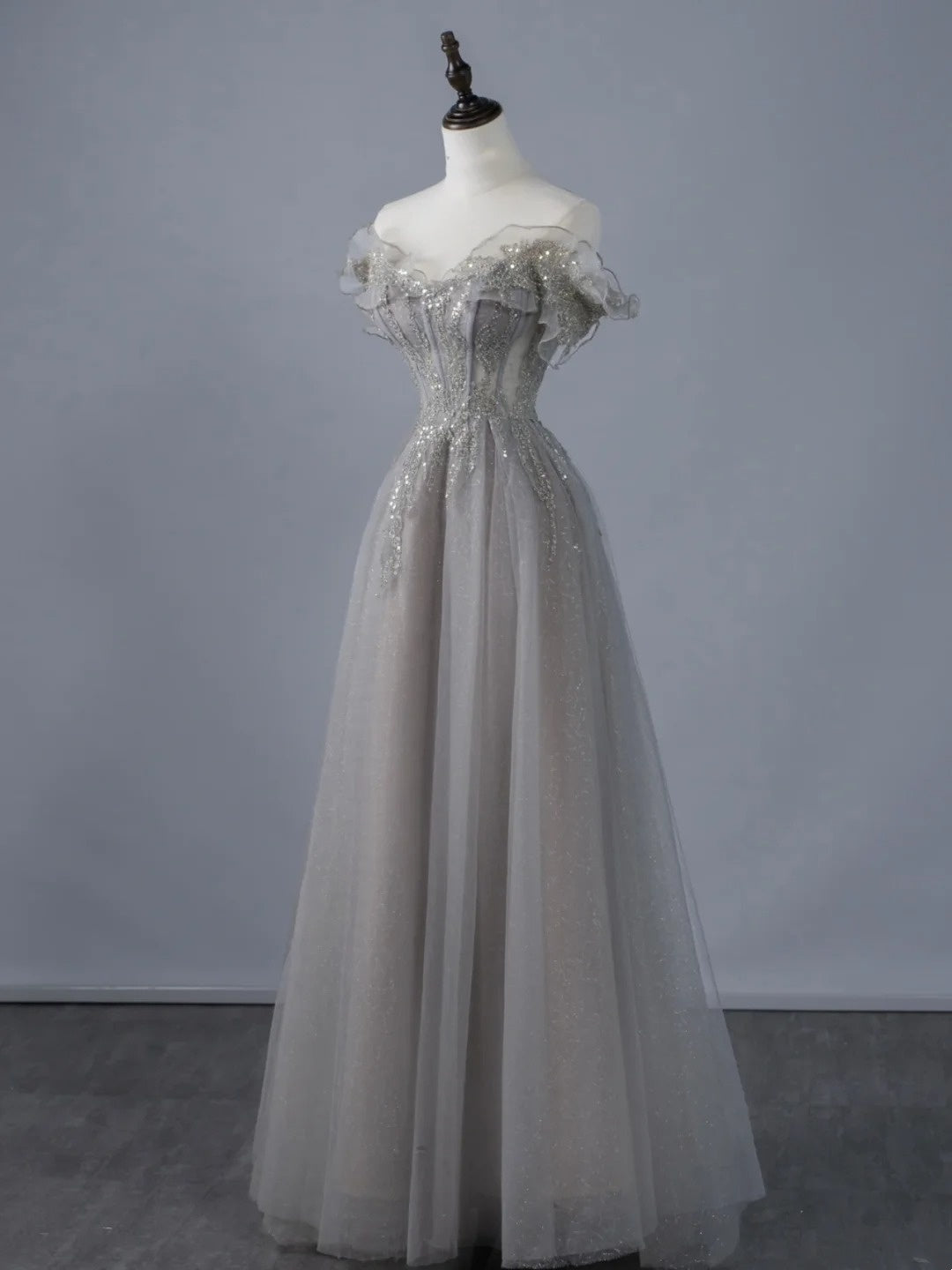 Sexy A-Linien-Abendkleid aus grauem Tüll mit schulterfreiem Ausschnitt und Ärmeln, langes Ballkleid, formelles Abendkleid N945