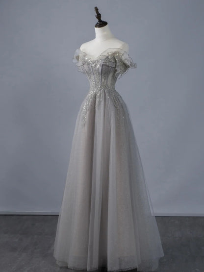 Sexy A-Linien-Abendkleid aus grauem Tüll mit schulterfreiem Ausschnitt und Ärmeln, langes Ballkleid, formelles Abendkleid N945