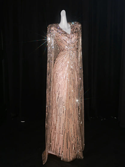 Elegantes A-Linien-Kleid mit V-Ausschnitt, rosa Pailletten und langen Ärmeln, Cape-Besatz, ideal für Partys, Abschlussbälle und formelle Tanzveranstaltungen (N946)