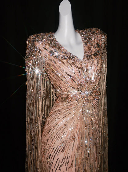 Elegantes A-Linien-Kleid mit V-Ausschnitt, rosa Pailletten und langen Ärmeln, Cape-Besatz, ideal für Partys, Abschlussbälle und formelle Tanzveranstaltungen (N946)