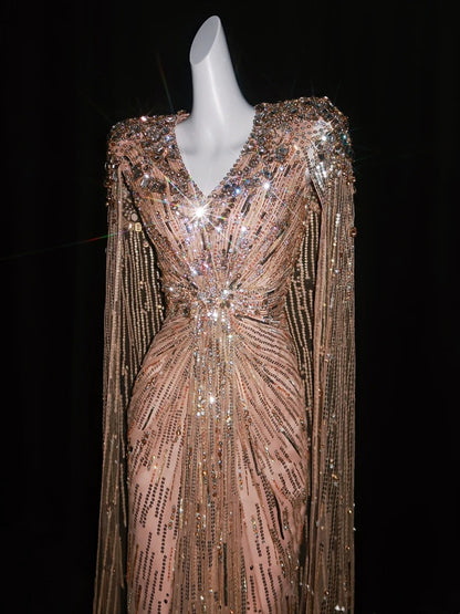 Elegantes A-Linien-Kleid mit V-Ausschnitt, rosa Pailletten und langen Ärmeln, Cape-Besatz, ideal für Partys, Abschlussbälle und formelle Tanzveranstaltungen (N946)
