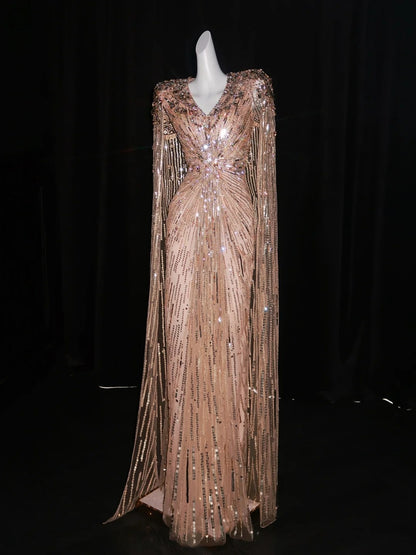 Elegantes A-Linien-Kleid mit V-Ausschnitt, rosa Pailletten und langen Ärmeln, Cape-Besatz, ideal für Partys, Abschlussbälle und formelle Tanzveranstaltungen (N946)