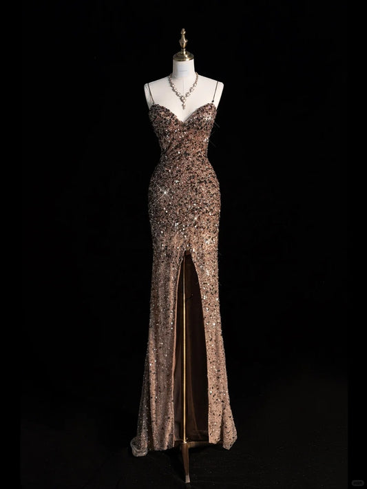 Funkelndes Meerjungfrauen-Kleid mit Spaghettiträgern, champagnerfarbenen Pailletten, langes Partykleid, Ballkleid, elegantes Abendkleid N949