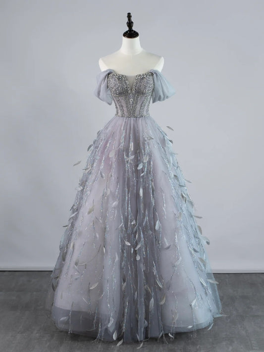 Sexy Ball Gown Off The Shoulder Silver Grey Tulle With Sleeves Long Prom Dresses Evening Outfits Formal Dress N953