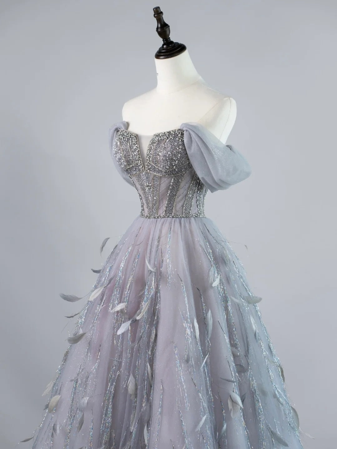 Sexy Ball Gown Off The Shoulder Silver Grey Tulle With Sleeves Long Prom Dresses Evening Outfits Formal Dress N953