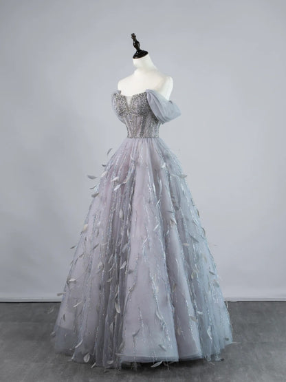 Sexy Ball Gown Off The Shoulder Silver Grey Tulle With Sleeves Long Prom Dresses Evening Outfits Formal Dress N953