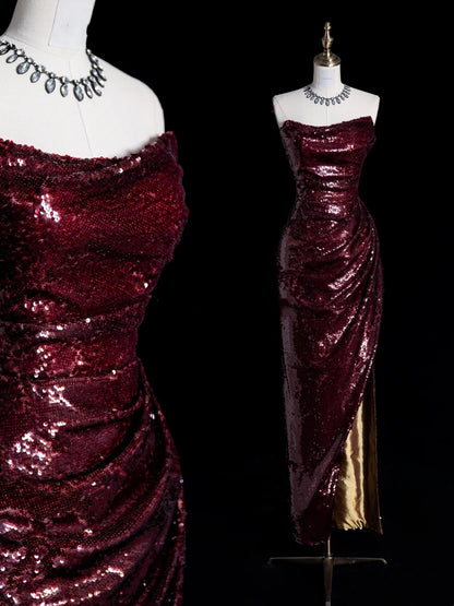 Robe de bal longue vintage fourreau sans bretelles bordeaux à sequins avec fente, tenue de soirée formelle N932