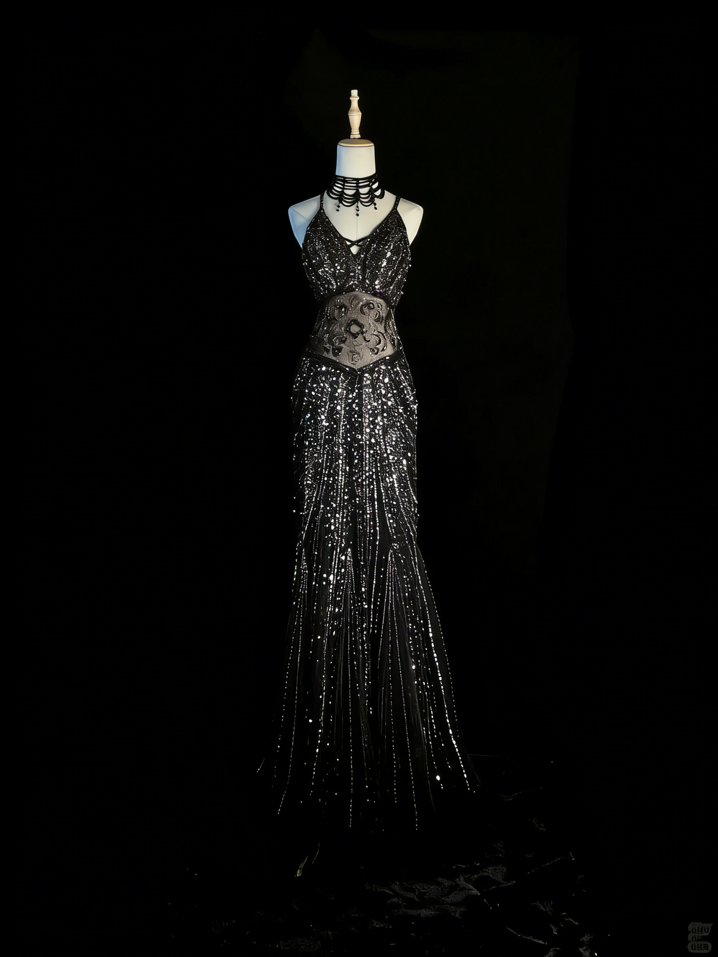Elegantes, schwarzes Pailletten-Abendkleid mit Spaghettiträgern im Meerjungfrauenstil – ein beeindruckendes, formelles Partykleid (Modell N934)