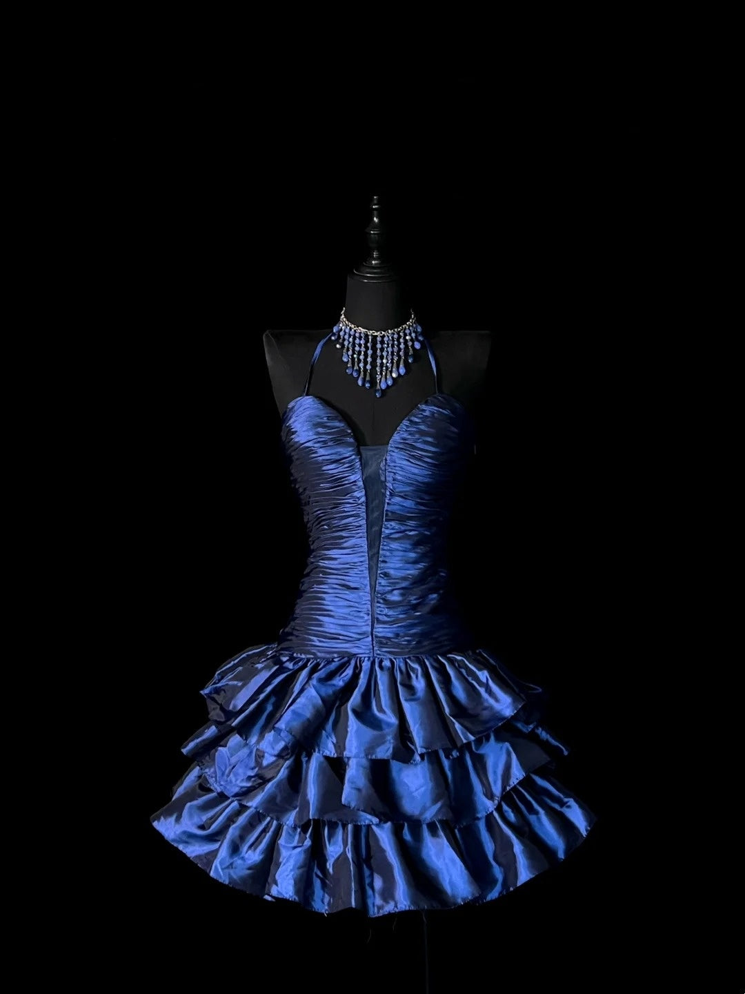 Vintage Ballkleid, Neckholder, marineblau, Satin, tiefe Taille, kurz, Outfit für den 16. Geburtstag, Homecoming-Kleid für die Mittelschule, Hoco-Kleid N956