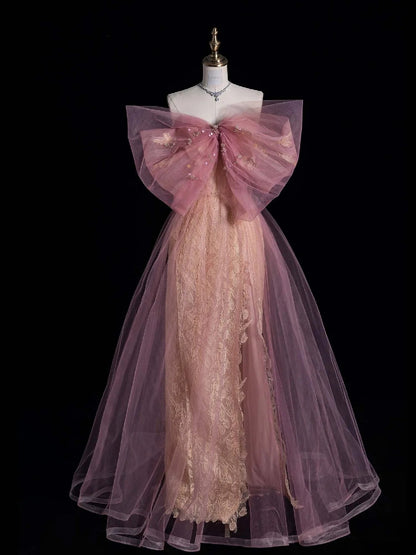 Retro-Etuikleid mit herzförmigem Ausschnitt, rosa Spitze und Tüll mit Schleife, ideal für Partys, Abschlussbälle und festliche Anlässe. N958