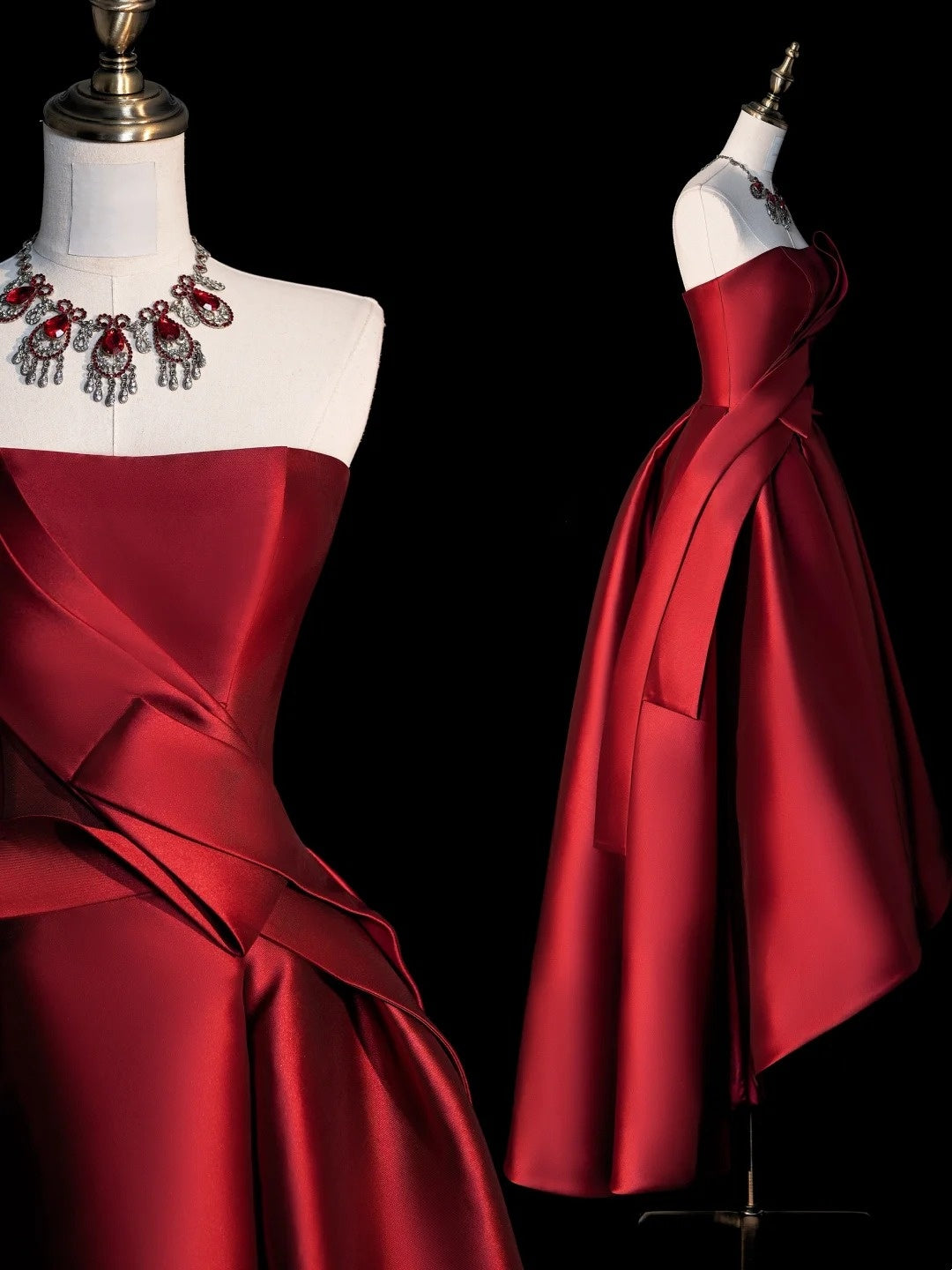 Robes de bal élégantes asymétriques sans bretelles en satin bordeaux, tenues de fin d'études ou de 20e anniversaire N506