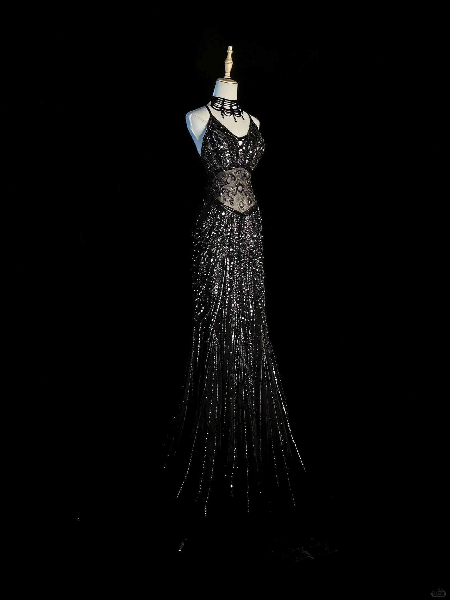 Elegantes, schwarzes Pailletten-Abendkleid mit Spaghettiträgern im Meerjungfrauenstil – ein beeindruckendes, formelles Partykleid (Modell N934)