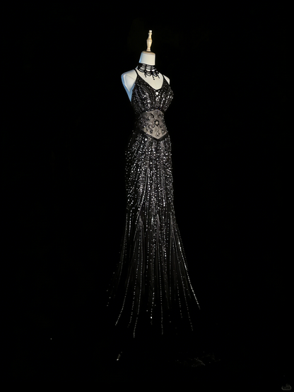 Elegantes, schwarzes Pailletten-Abendkleid mit Spaghettiträgern im Meerjungfrauenstil – ein beeindruckendes, formelles Partykleid (Modell N934)