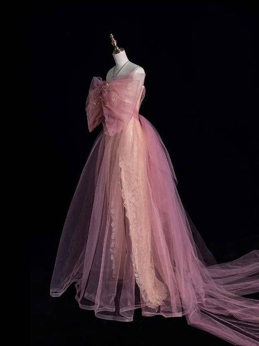 Retro Sheath Sweetheart Pink Lace Tulle With Bowknot Party Dresses Prom Dresses Impress Senior Formal Dance Dress N958