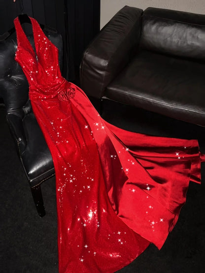 Sparkly Mermaid Halter Red Sequins Long Party Dresses Prom Dresses Impress Formal Party Dress N941