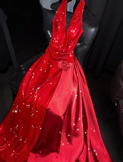Sparkly Mermaid Halter Red Sequins Long Party Dresses Prom Dresses Impress Formal Party Dress N941