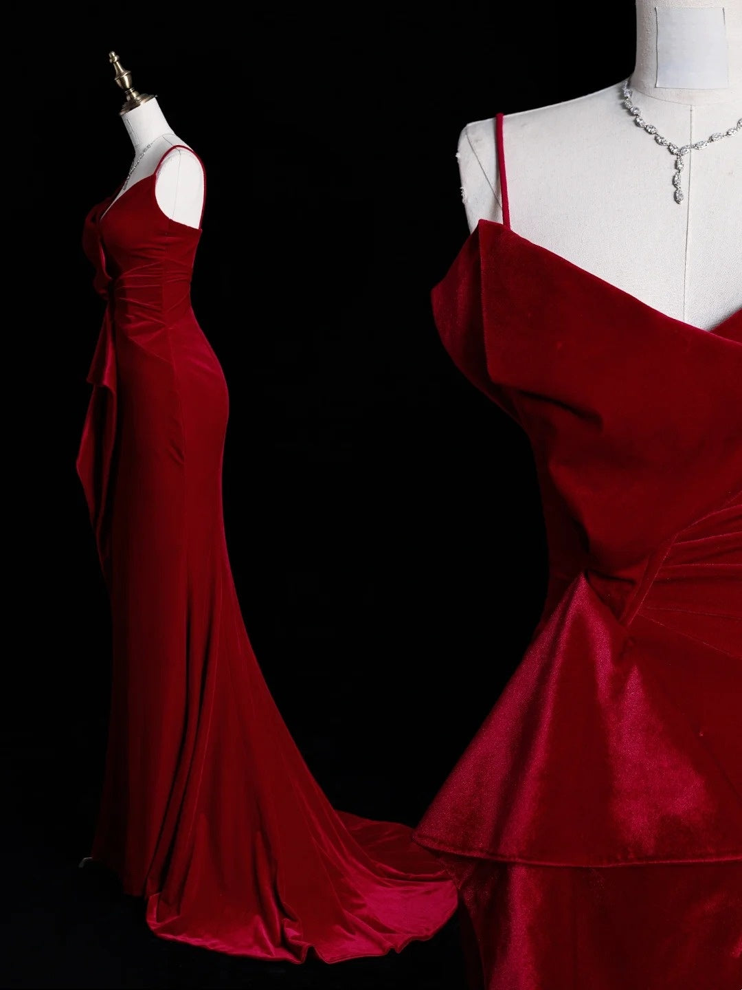 Elegantes Meerjungfrauen-Kleid mit Spaghettiträgern aus rotem Samt, langes Partykleid, Ballkleid, beeindruckendes formelles Partykleid N937
