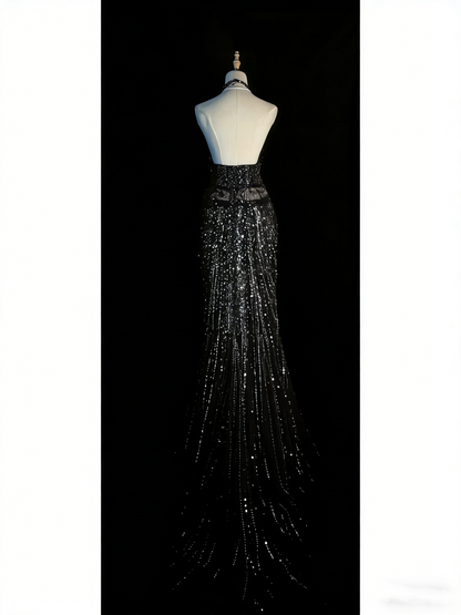 Elegantes, schwarzes Pailletten-Abendkleid mit Spaghettiträgern im Meerjungfrauenstil – ein beeindruckendes, formelles Partykleid (Modell N934)