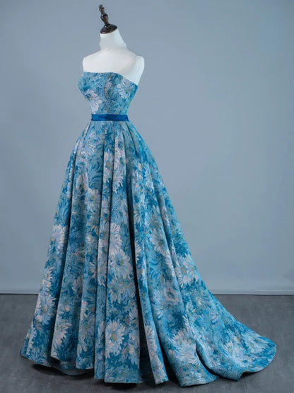 Sexy Ball Gown Strapless Sleeveless Blue Floral Satin Long Prom Dresses Evening Outfits Formal Dress N959