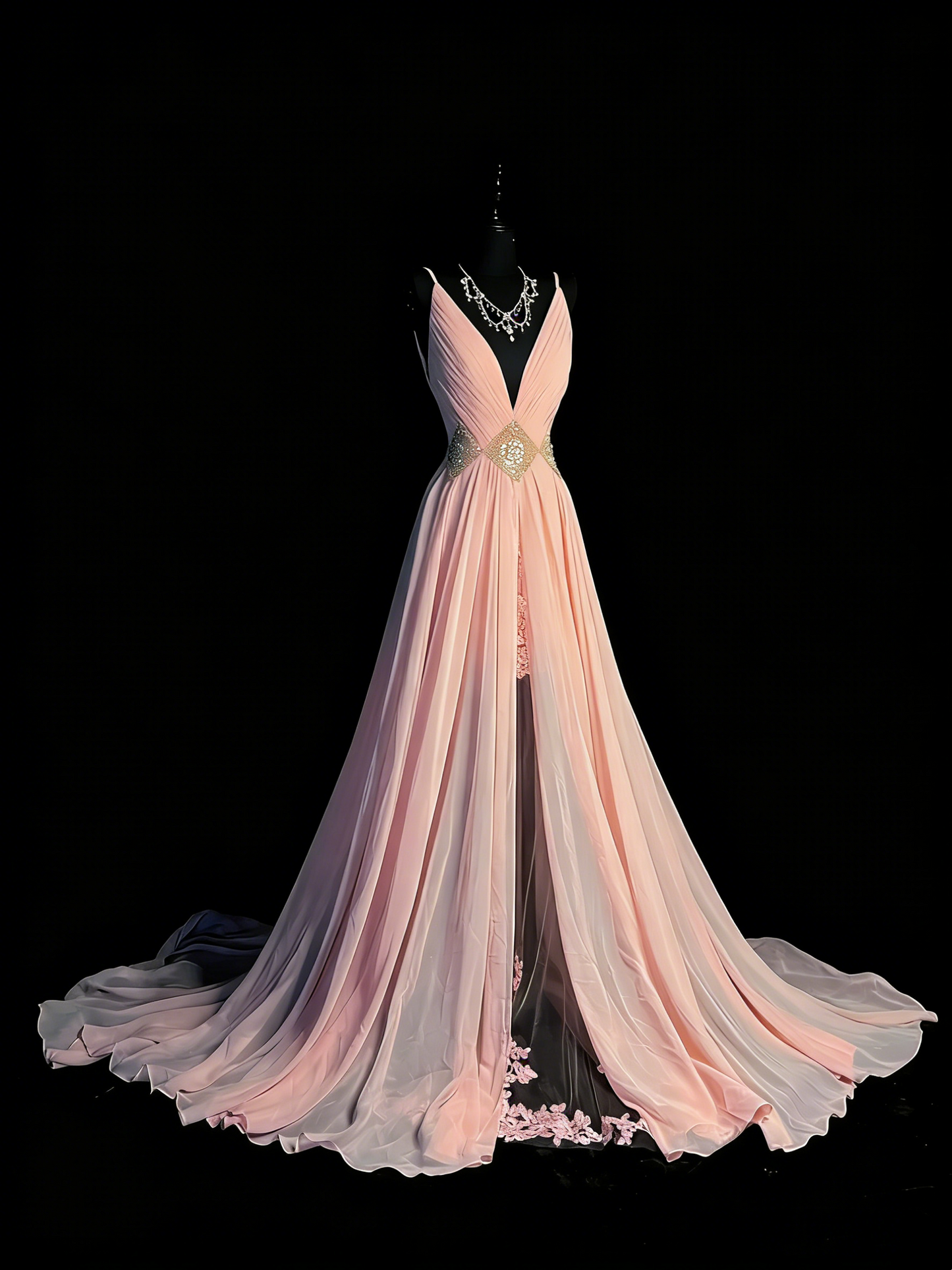 Prinzessinnen-A-Linien-Abendkleid mit Spaghettiträgern, rosafarbenem Chiffon und Schlitz, formelles Kleid N965