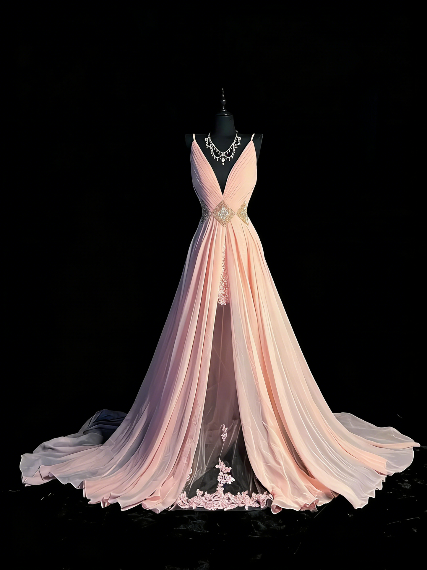 Prinzessinnen-A-Linien-Abendkleid mit Spaghettiträgern, rosafarbenem Chiffon und Schlitz, formelles Kleid N965