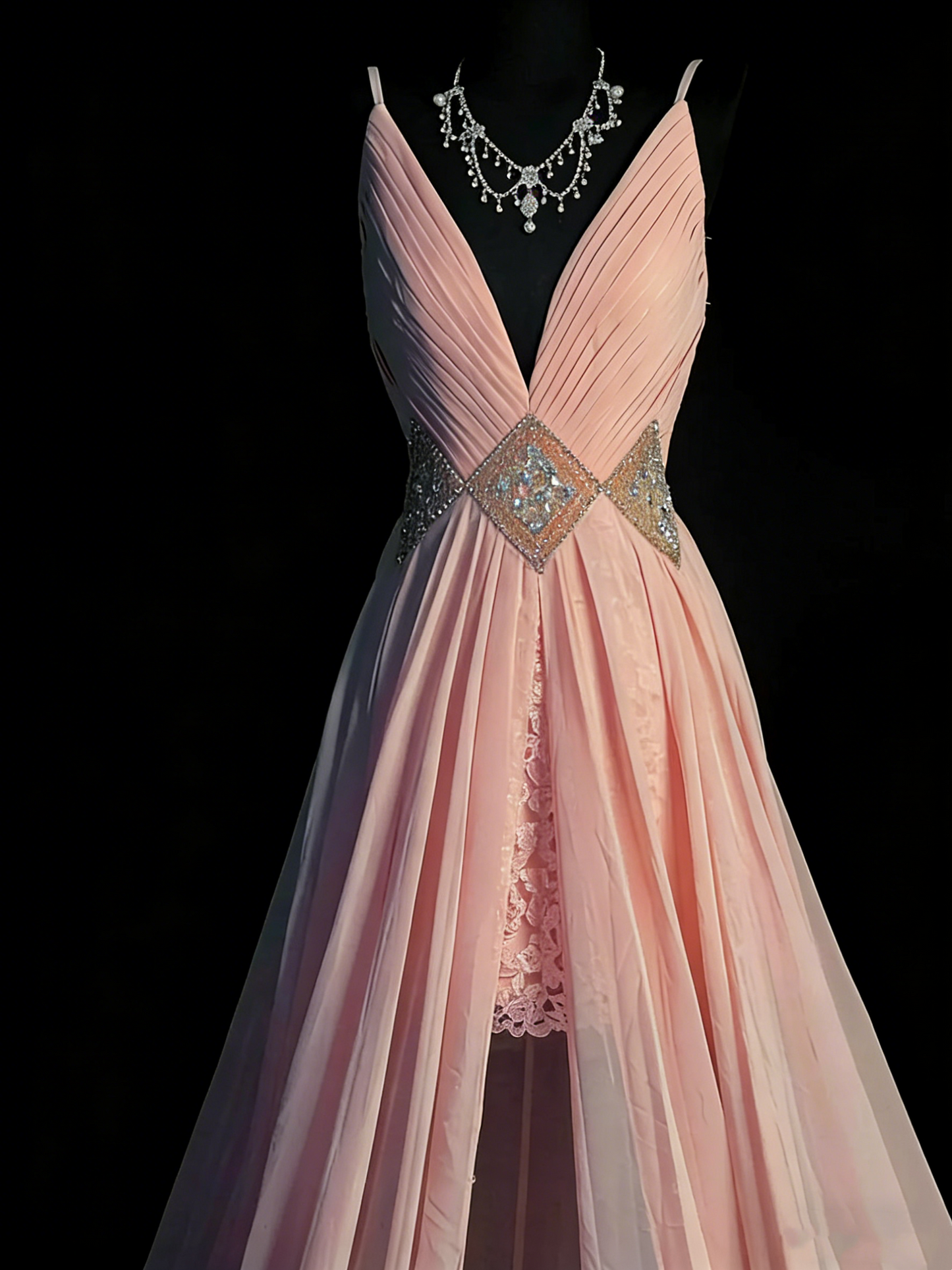 Prinzessinnen-A-Linien-Abendkleid mit Spaghettiträgern, rosafarbenem Chiffon und Schlitz, formelles Kleid N965