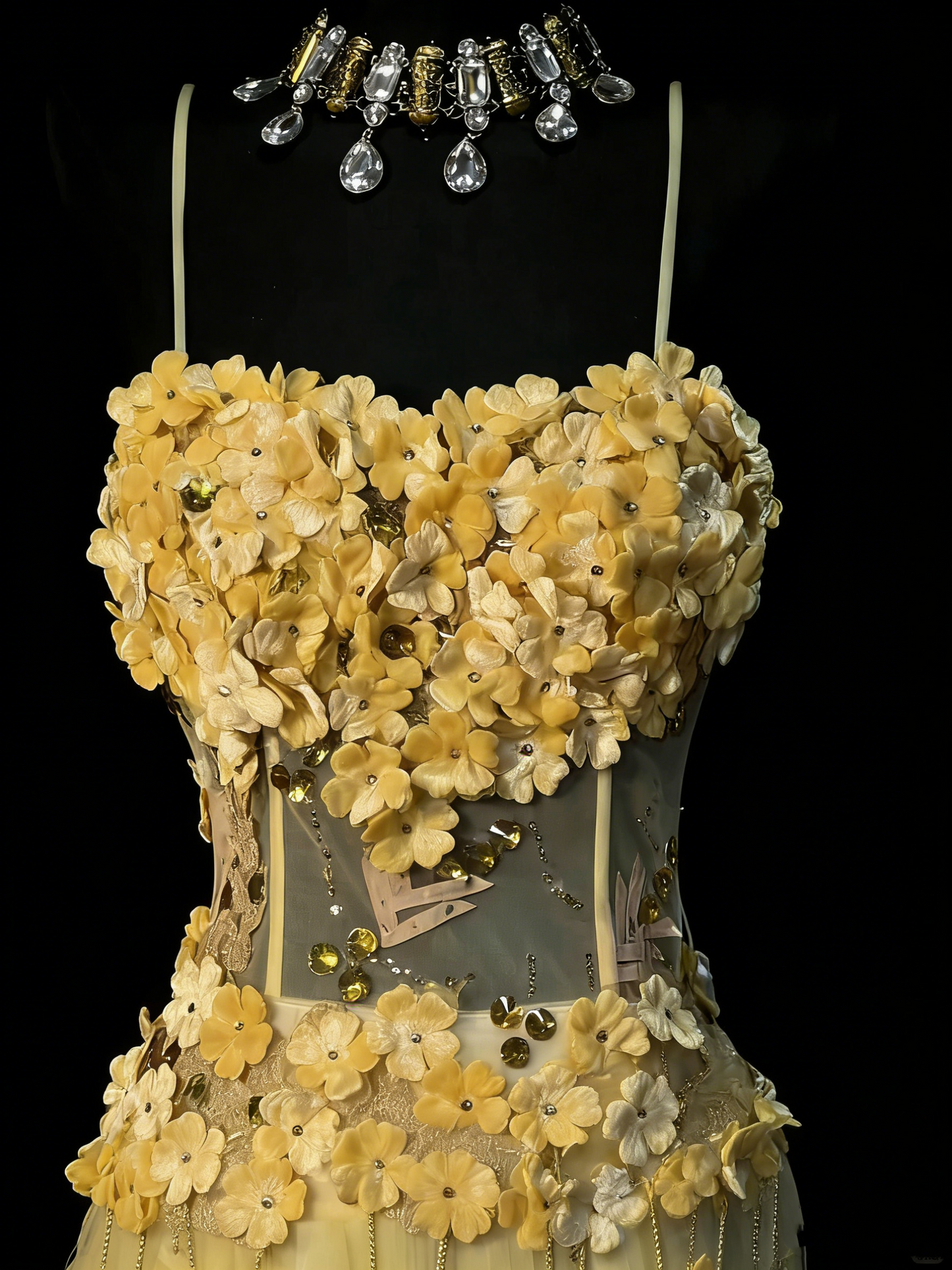 Einzigartiges Meerjungfrauen-Spaghettiträgerkleid aus gelbem Tüll mit Blumenmuster im Stil der 1950er Jahre – langes Ballkleid, Partykleid zum 18. Geburtstag, Modell N971