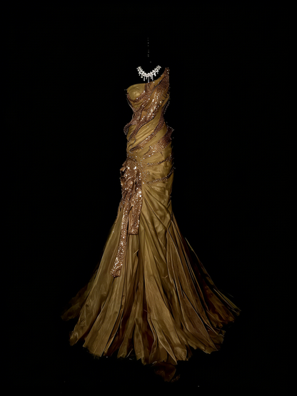 Robe de bal longue sirène asymétrique à volants et perles, style princesse, référence N972