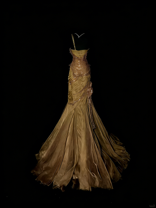 Prinzessin Meerjungfrau One Shoulder Perlenrüschen Langes Ballkleid Abendgarderobe Festliches Kleid N972