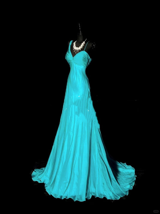 Unique A Line Blue Chiffon With Pleated Bodice 1950s Long Prom Dresses Party Dress 18th Birthday Outfits N968