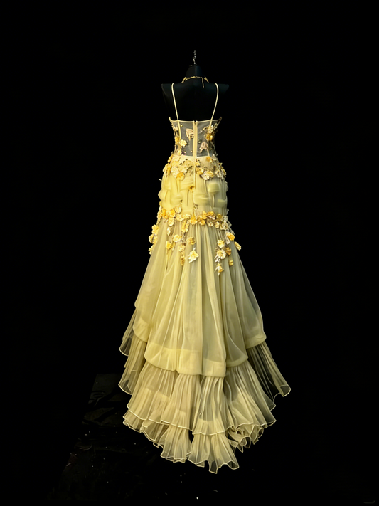 Einzigartiges Meerjungfrauen-Spaghettiträgerkleid aus gelbem Tüll mit Blumenmuster im Stil der 1950er Jahre – langes Ballkleid, Partykleid zum 18. Geburtstag, Modell N971