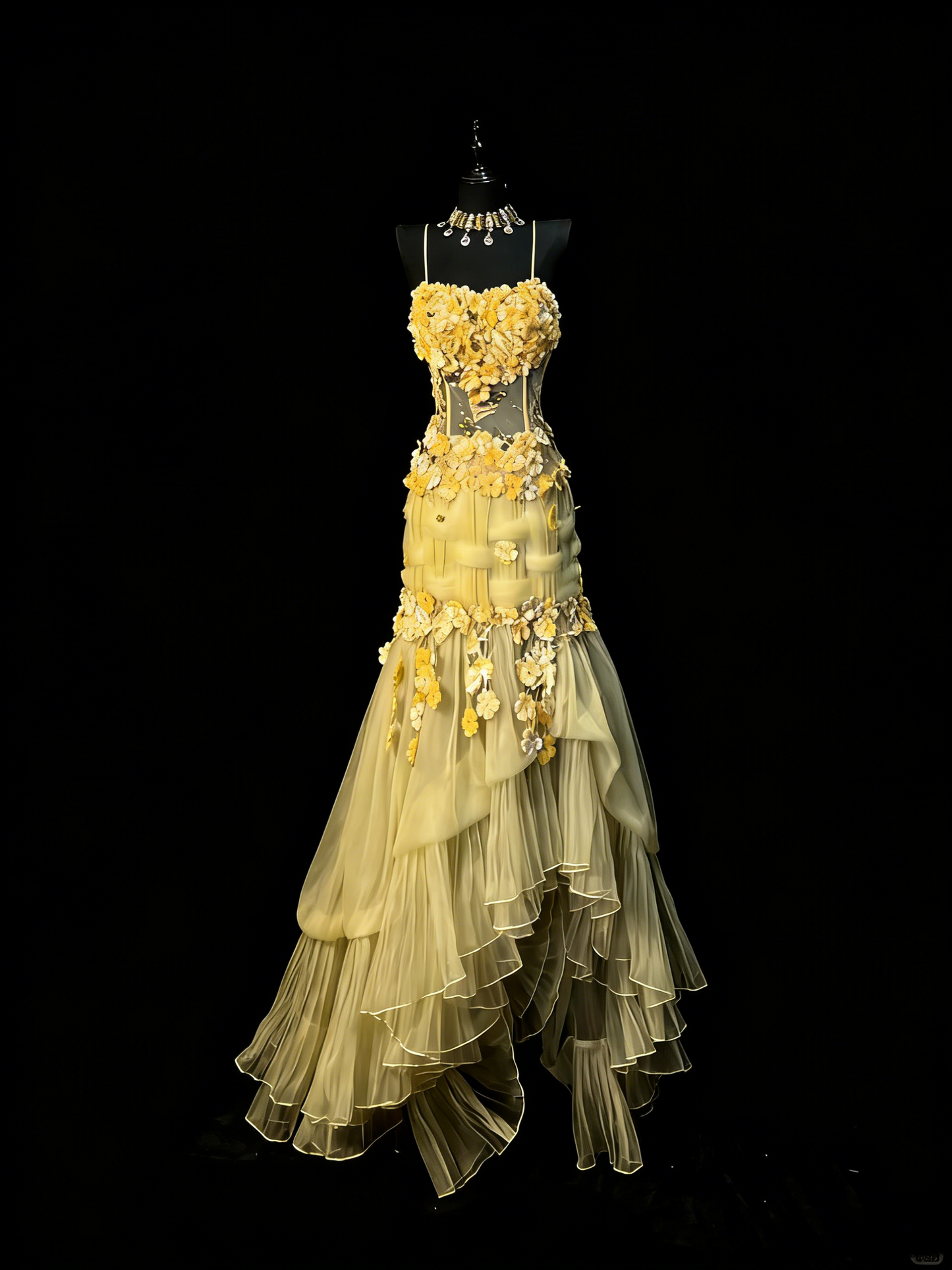 Einzigartiges Meerjungfrauen-Spaghettiträgerkleid aus gelbem Tüll mit Blumenmuster im Stil der 1950er Jahre – langes Ballkleid, Partykleid zum 18. Geburtstag, Modell N971