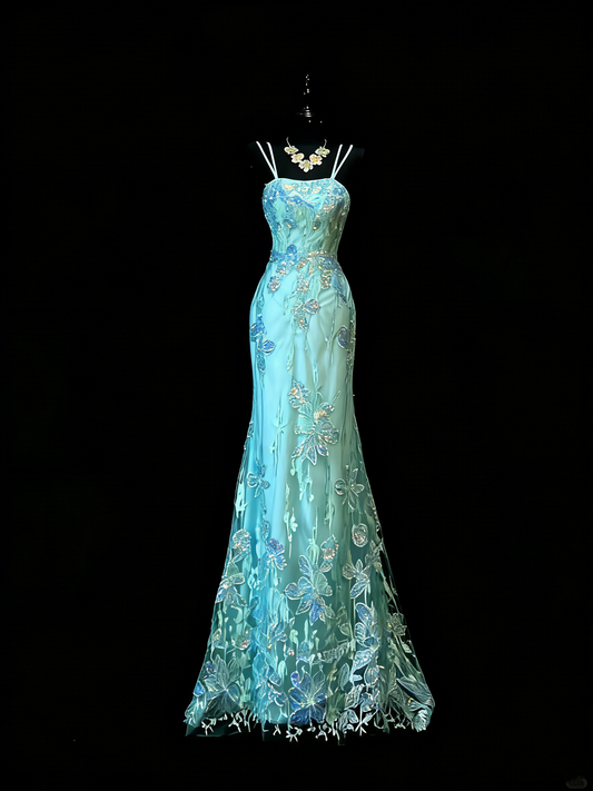 Einzigartiges Meerjungfrauen-Kleid mit Spaghettiträgern aus blauer Spitze und Tüll im Stil der 1950er Jahre – langes Ballkleid, Partykleid zum 18. Geburtstag, Modell N976