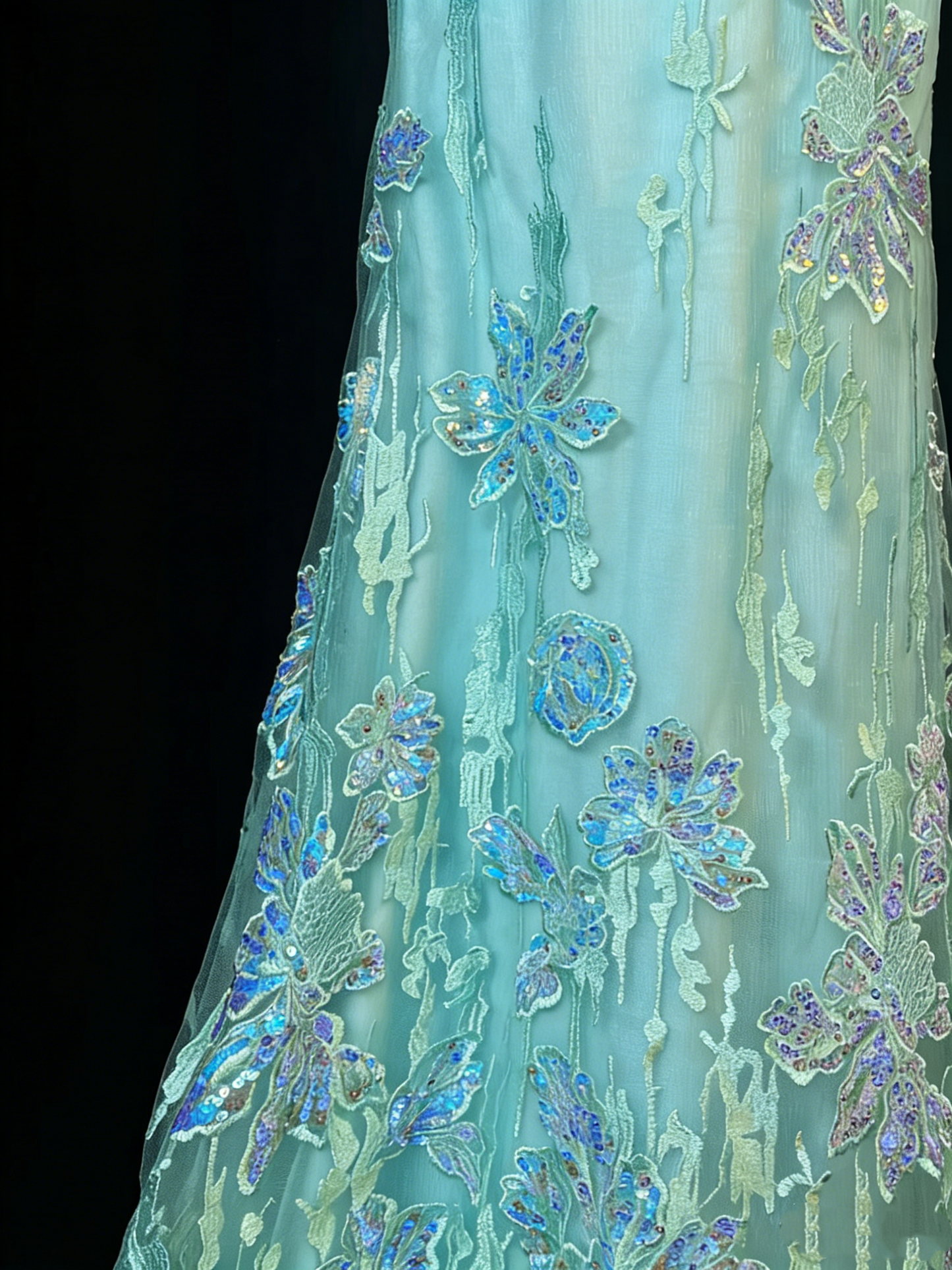 Robe de bal longue sirène unique à fines bretelles en dentelle bleue et tulle, style années 50, idéale pour une soirée ou un 18e anniversaire (N976)