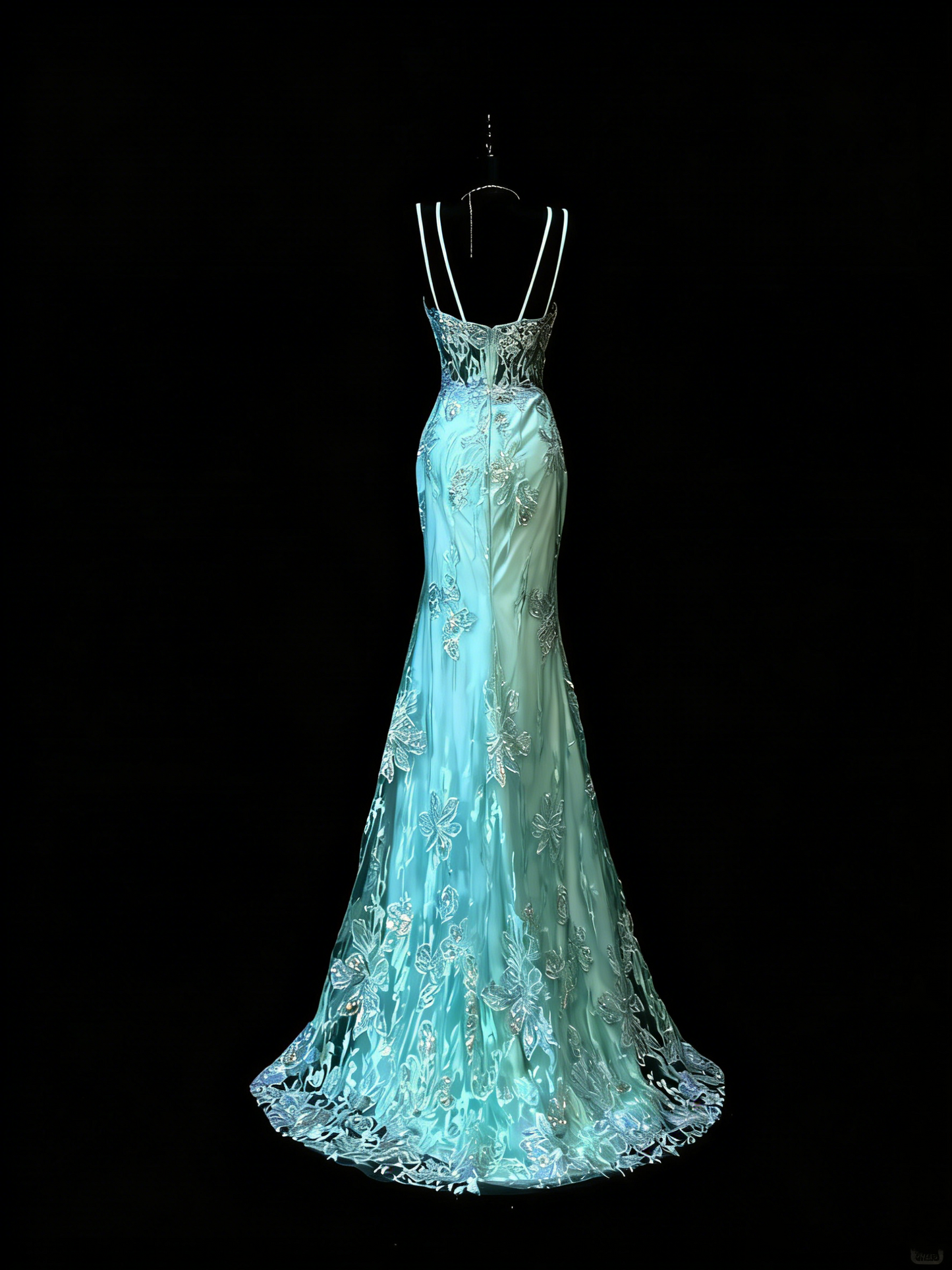 Robe de bal longue sirène unique à fines bretelles en dentelle bleue et tulle, style années 50, idéale pour une soirée ou un 18e anniversaire (N976)