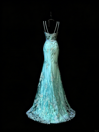 Robe de bal longue sirène unique à fines bretelles en dentelle bleue et tulle, style années 50, idéale pour une soirée ou un 18e anniversaire (N976)