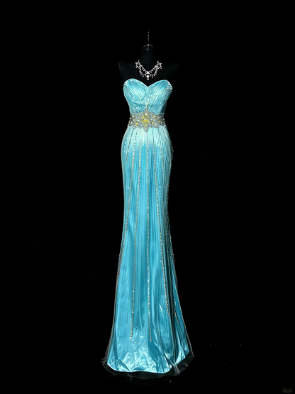 Vintage Meerjungfrauen-Abendkleid aus den 2000er Jahren, ärmellos, mit silbernen Perlen verziert, langes Ballkleid, formelles Abendkleid, Modell N976
