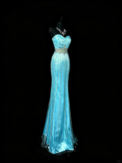 Vintage Meerjungfrauen-Abendkleid aus den 2000er Jahren, ärmellos, mit silbernen Perlen verziert, langes Ballkleid, formelles Abendkleid, Modell N976