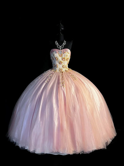 Robe de bal rose bustier sans manches avec application en tulle, longue, idéale pour une quinceañera, un anniversaire de 15 ou 16 ans (N977)