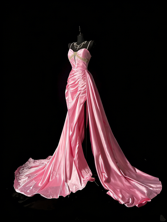 Einzigartiges Meerjungfrauen-Spaghettiträgerkleid aus rosa Satin im Vintage-Stil der 1950er Jahre – langes Ballkleid, Partykleid zum 18. Geburtstag, Modell N978