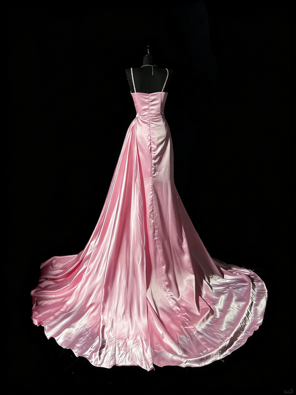Robe de bal longue vintage années 1950, style sirène, bretelles spaghetti, satin rose, idéale pour une soirée ou un 18e anniversaire (N978)