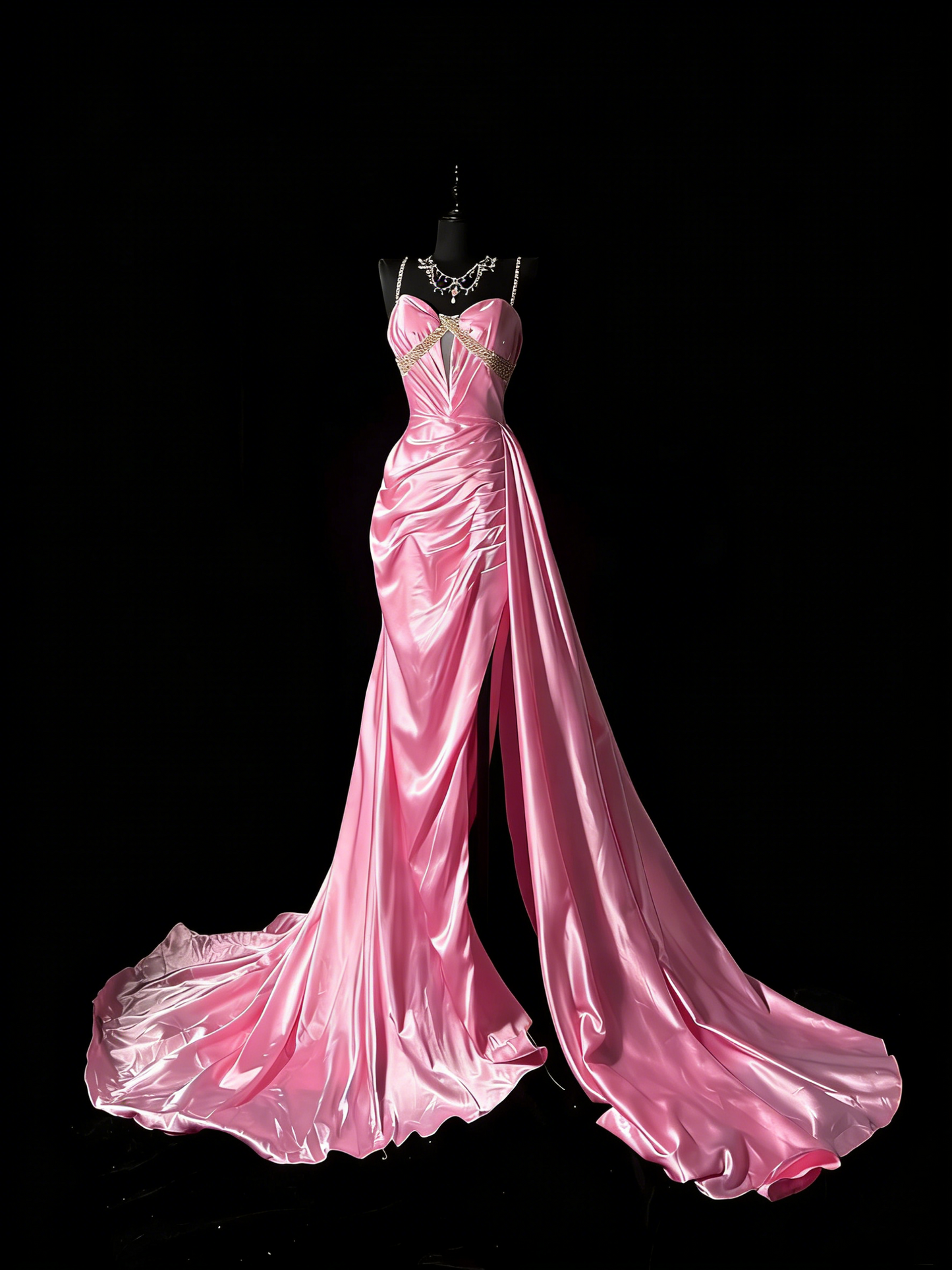 Robe de bal longue vintage années 1950, style sirène, bretelles spaghetti, satin rose, idéale pour une soirée ou un 18e anniversaire (N978)