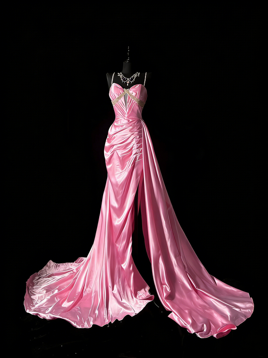 Einzigartiges Meerjungfrauen-Spaghettiträgerkleid aus rosa Satin im Vintage-Stil der 1950er Jahre – langes Ballkleid, Partykleid zum 18. Geburtstag, Modell N978