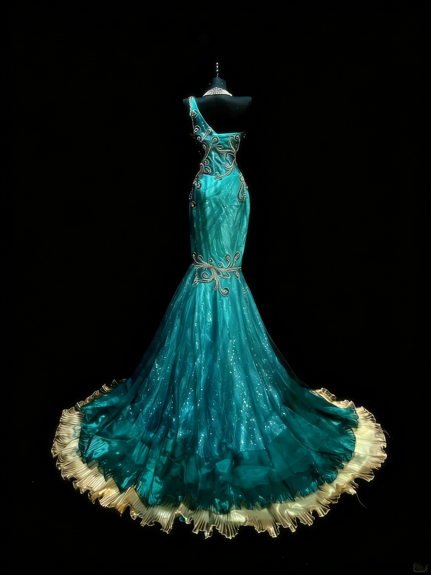 Robe de bal longue sirène asymétrique à volants dorés et perles, style princesse, référence N979