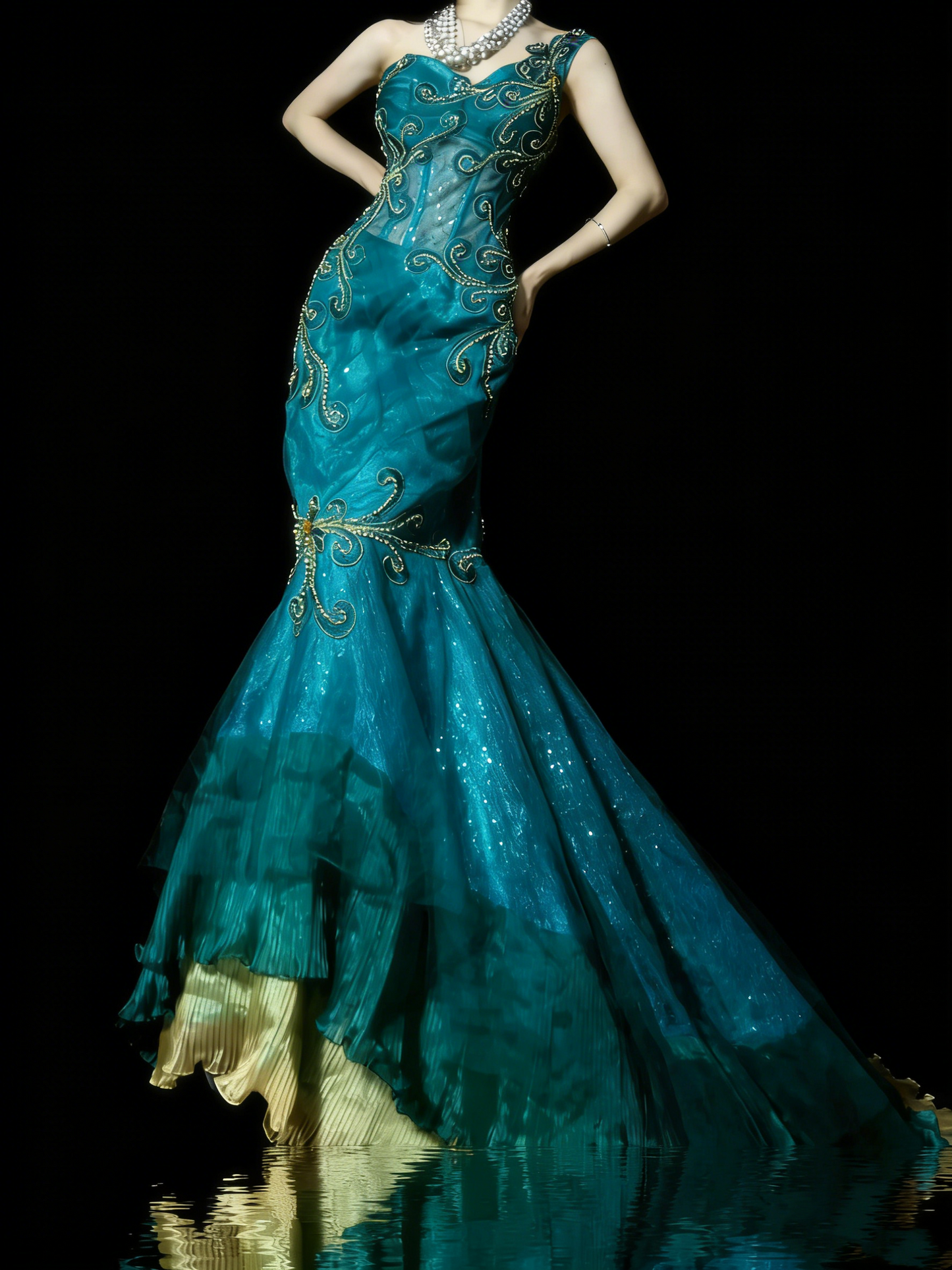 Robe de bal longue sirène asymétrique à volants dorés et perles, style princesse, référence N979